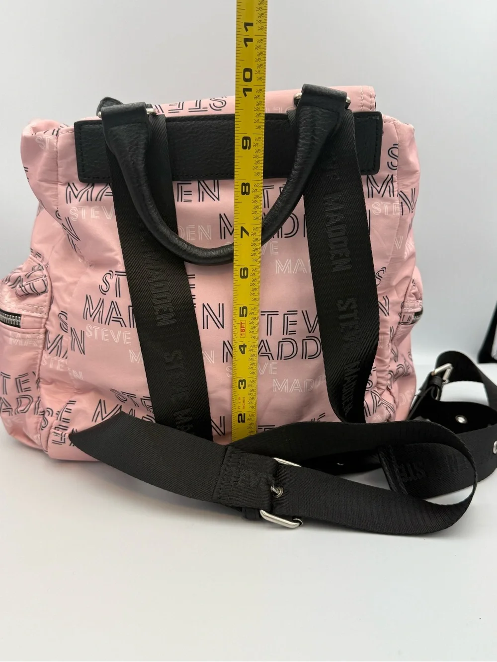 Steve Madden Pink Nylon Mini Backpack All Over Logo Spellout Drawstring Flap